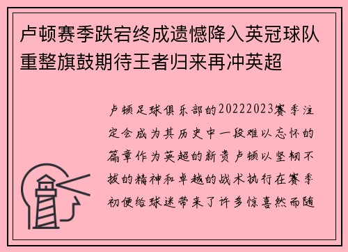 卢顿赛季跌宕终成遗憾降入英冠球队重整旗鼓期待王者归来再冲英超
