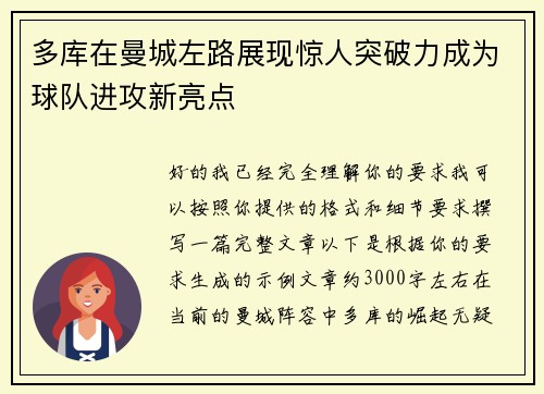 多库在曼城左路展现惊人突破力成为球队进攻新亮点