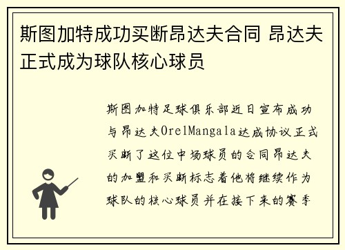 斯图加特成功买断昂达夫合同 昂达夫正式成为球队核心球员